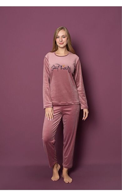 Kadife Uzun Kol Kadın Pijama Takım - Gül Kurusu