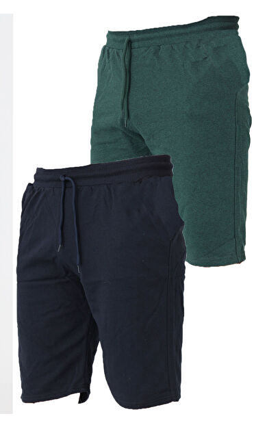 2 İplik Örme Pamuklu Erkek Şort 2 Adet - Yeşil Lacivert