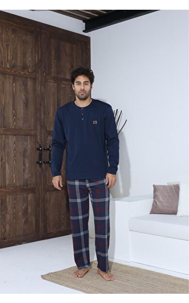 Uzun Kollu Düğmeli Ekose Desen Erkek Pijama Takımı - Mavi