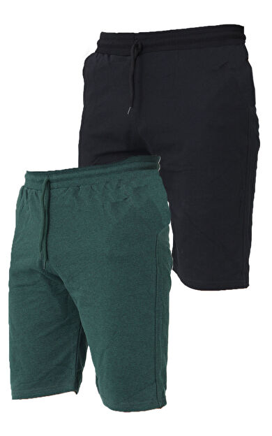 2 İplik Örme Pamuklu Erkek Şort 2 Adet - Siyah Yeşil