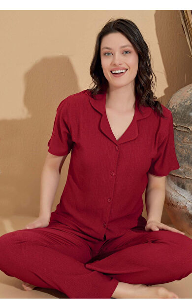 Gömlek Yaka Kısa Kol Bürümcük Kadın Alt Üst Takım - Bordo