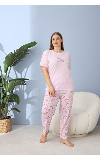 Büyük Beden Viskon Kumaş Battal Kısa Kol Kadın Pijama Takımı - Çok Renkli