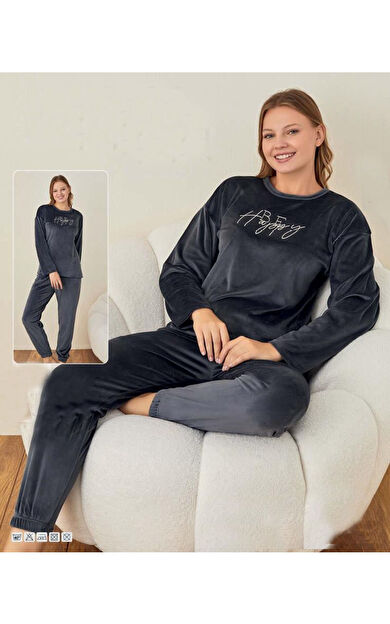 Kadife Uzun Kol Kadın Pijama Takım - Antrasit