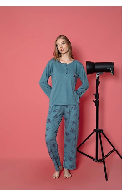 Uzun Kol Bambu İnterlok Kadın Pijama Takımı - Beyaz Petrol Mavi