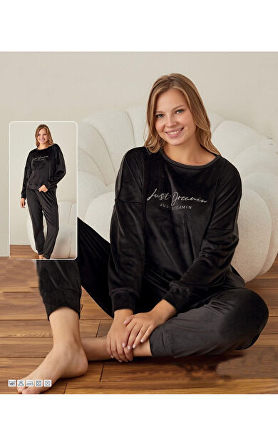Kadife Uzun Kol Kadın Pijama Takım - Siyah