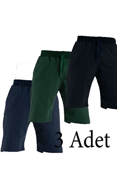 Pamuklu Cepli Basic Erkek Şort 3 Adet - Lacivert Yeşil Siyah