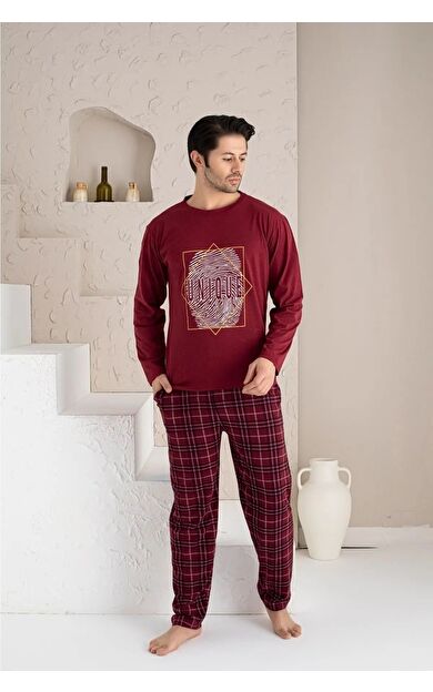 Uzun Kol Sıfır Yaka Pamuklu Erkek Pijama Takımı - Bordo