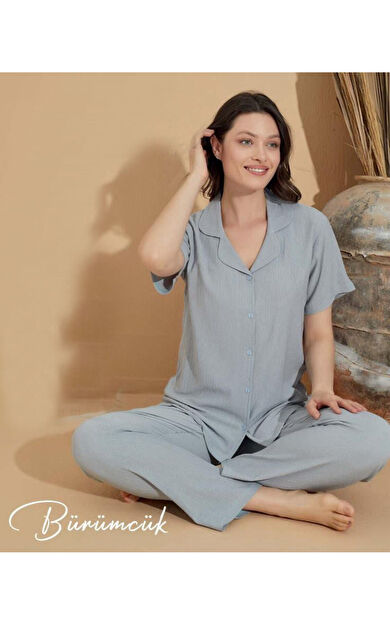 Gömlek Yaka Bürümcük Kısa Kol Pijama Takımı - Gri