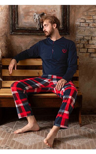 Uzun Kollu Düğmeli Ekose Desen Erkek Pijama Takımı - Lacivert