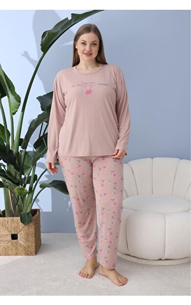 Büyük Beden Battal Pamuk Kadın Pijama Takımı - Kahverengi