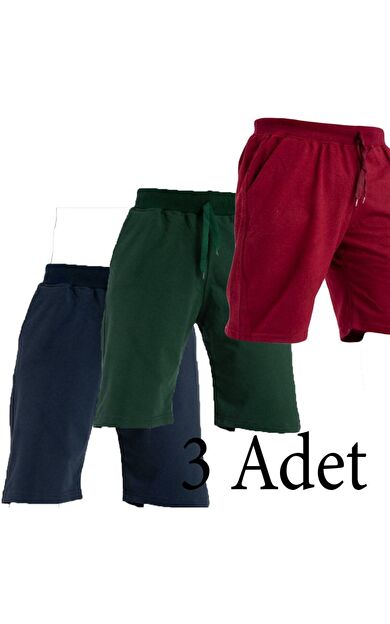Pamuklu Cepli Basic Erkek Şort 3 Adet - Lacivert Yeşil Bordo
