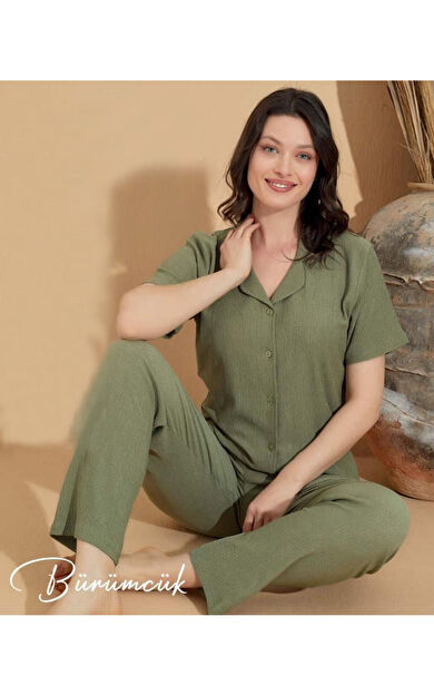Gömlek Yaka Bürümcük Kısa Kol Pijama Takımı - Haki