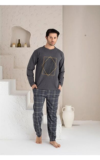 Uzun Kol Sıfır Yaka Pamuklu Erkek Pijama Takımı - Füme