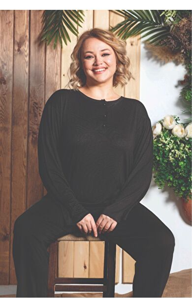 Büyük Beden Battal Pamuk Kadın Pijama Takımı - Siyah