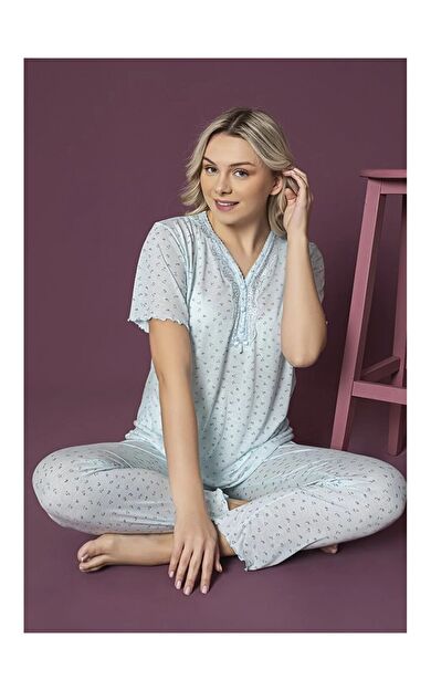 Büyük Beden Viskon Kumaş Battal Kısa Kol Kadın Pijama Takımı - Açık Mavi