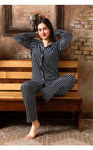 Kadife Gömlek Yaka Kadın Pijama Takımı - Siyah