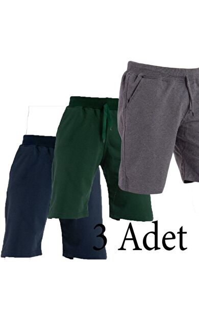 Pamuklu Cepli Basic Erkek Şort 3 Adet - Lacivert Yeşil Gri