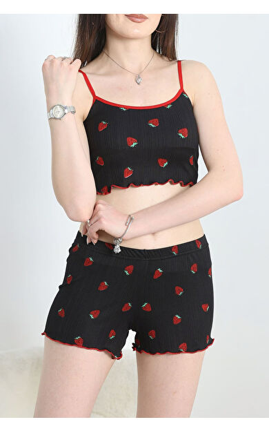 İp Askılı Şortlu Pijama Takımı - Siyah