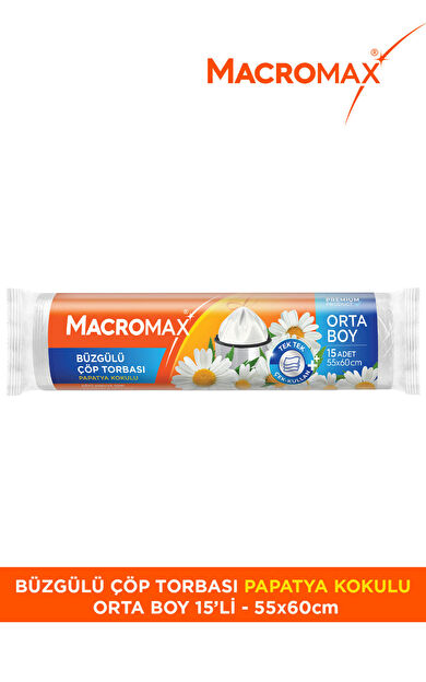 Macro Max Büzgülü Çöp Torbası Orta Boy (55X60Cm) Papatya Kokulu 15 Adet Süper Ekonomik Paket