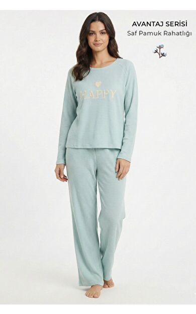 Mısırlı Kadın Gofre Kumaş Pijama Takım Mint