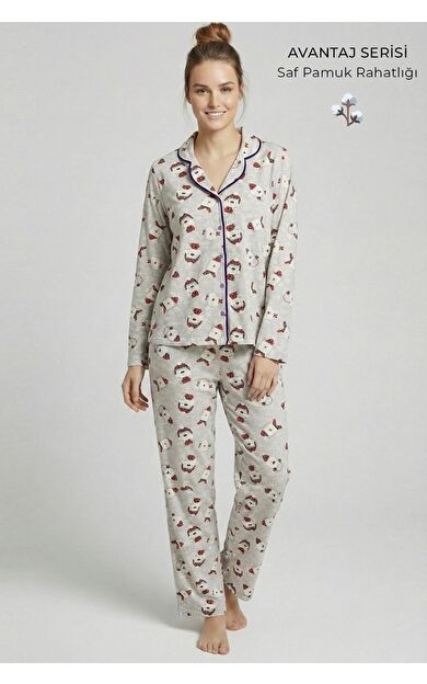 Mısırlı Kış Temalı Kadın Pijama Takımı Gri Melanj