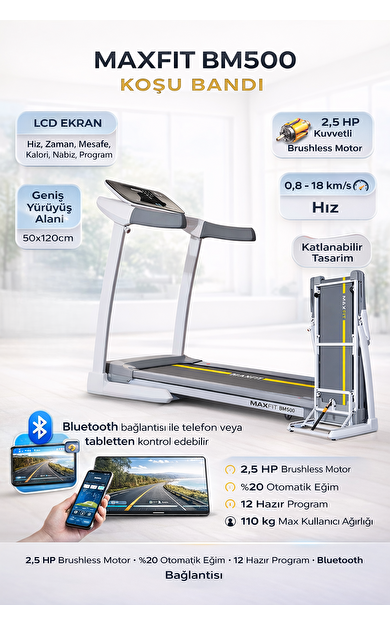 BM500 Otomatik Eğimli Koşu Bandı 2,5 HP Brushless Motor Bluetooth Destekli
