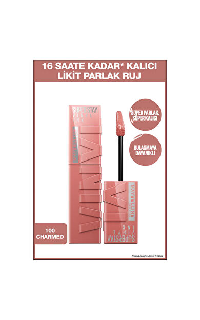 Maybelline New York Super Stay Vinyl Ink Uzun Süre Kalıcı Likit Parlak Ruj 100 Charmed