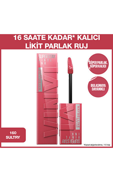 Maybelline New York Super Stay Vinyl Ink Uzun Süre Kalıcı Likit Parlak Ruj 160 Sultry