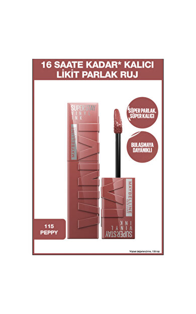 Maybelline New York Super Stay Vinyl Ink Uzun Süre Kalıcı Likit Parlak Ruj 115 Peppy