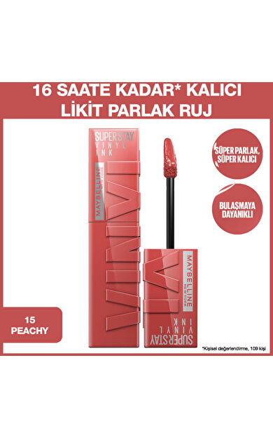 Maybelline New York Super Stay Vinyl Ink Uzun Süre Kalıcı Likit Parlak Ruj 15 Peachy