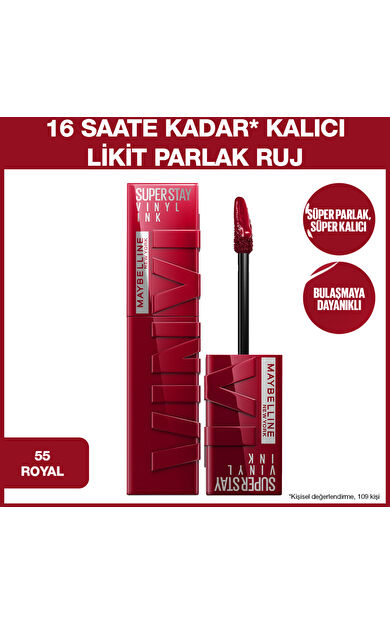 Maybelline New York Super Stay Vinyl Ink Uzun Süre Kalıcı Likit Parlak Ruj 55 Royal