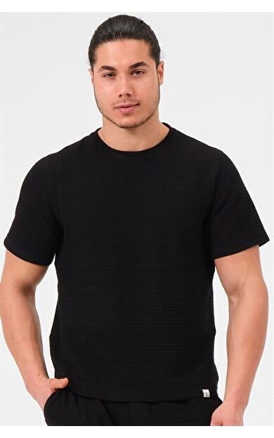 Erkek Siyah %100 Pamuk Oversize Bisiklet Yaka Basic Tişört