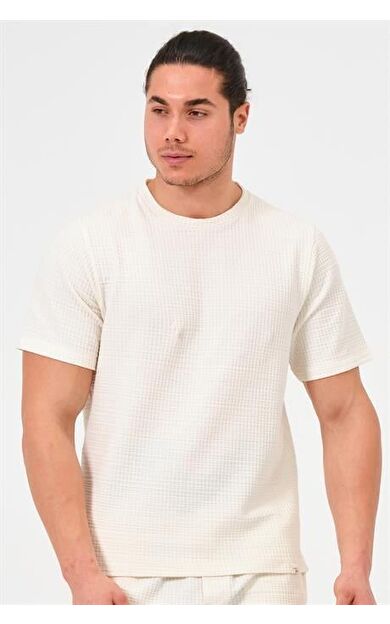 Erkek Ekru %100 Pamuk Oversize Bisiklet Yaka Basic Tişört