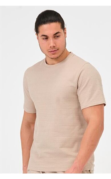 Erkek Bej %100 Pamuk Oversize Bisiklet Yaka Basic Tişört