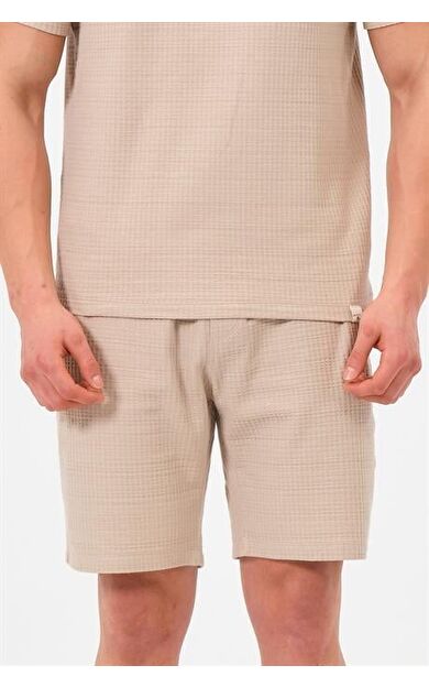 Erkek Bej Oversize Cepli Recycle %100 Pamuklu Standart Boy Şort