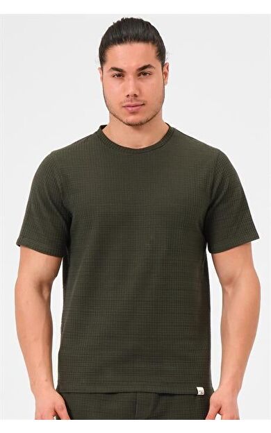 Erkek Haki %100 Pamuk Oversize Bisiklet Yaka Basic Tişört