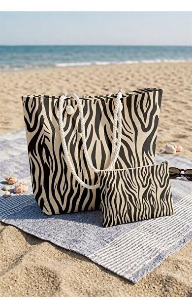 Zebra Desenli Krem Rengi Geniş Hacimli Plaj Çantası ve El Çantası
