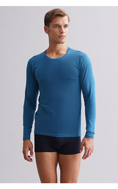BAMBU HERCULES Slim Fit Bisiklet Yaka Uzun Kollu Erkek Fanila Petrol Mavi