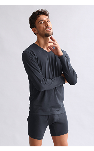 BAMBU HERCULES Slim Fit V Yaka Uzun Kollu Erkek  Fanila Antrasit