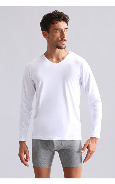 BAMBU HERCULES Slim Fit V Yaka Uzun Kollu Erkek  Fanila Beyaz