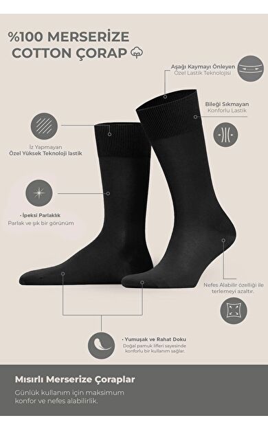 Erkek %100 Merserize 6 Çift Düz Süper İnce Soket Çorap Siyah