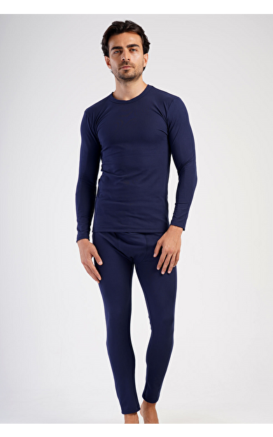 Erkek Bisiklet Yaka Uzun Kollu İçlik Takımı Lacivert