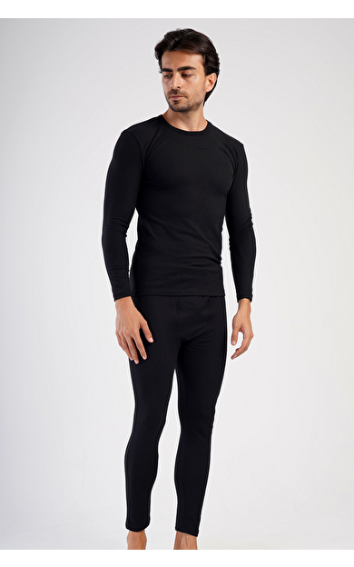 Erkek Bisiklet Yaka Uzun Kollu İçlik Takımı Siyah