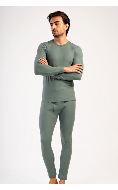 Erkek Bisiklet Yaka Uzun Kollu İçlik Takımı Haki