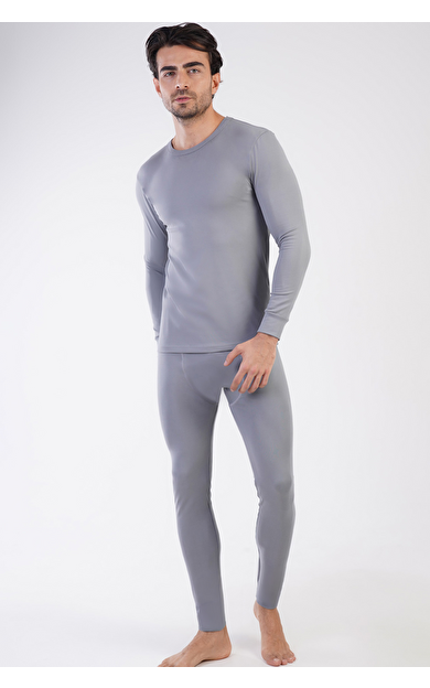 Erkek Bisiklet Yaka Uzun Kollu İçlik Takımı Gri