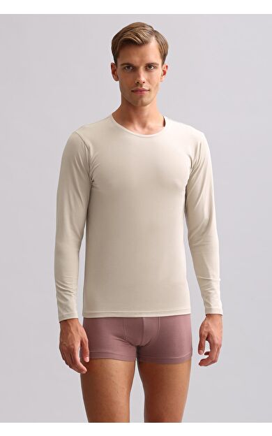 Mısırlı Modal By TENCEL HERCULES Slim Fit Bisiklet Yaka Uzun Kollu Fanila / T-Shirt Toprak Bej