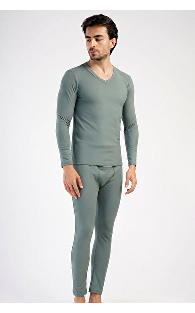 Erkek V Yaka Uzun Kollu İçlik Takımı Haki