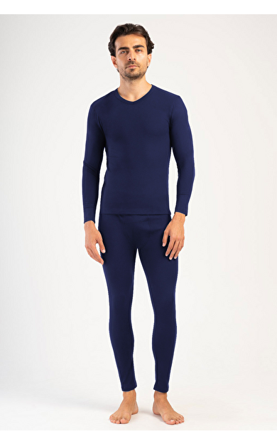 Erkek V Yaka Uzun Kollu İçlik Takımı Lacivert
