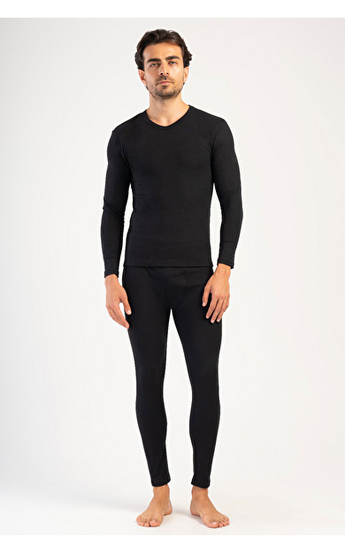 Erkek V Yaka Uzun Kollu İçlik Takımı Siyah