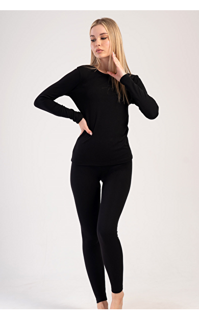 Kadın Bisiklet Yaka Uzun Kollu İçlik Takımı Siyah